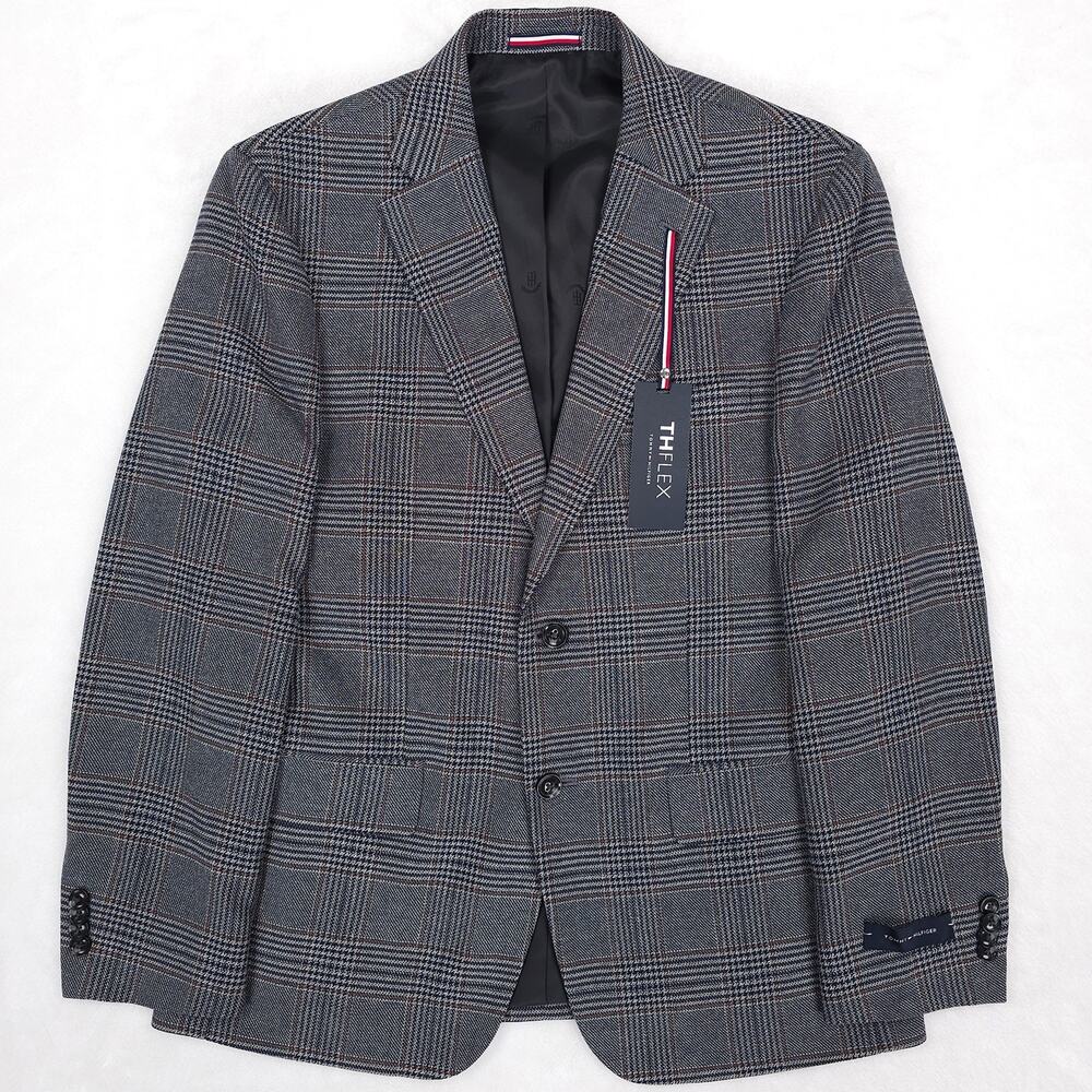 Tommy Hilfiger Mens Modern Fit Sport Coat Blazer 40S Grey Brown Plaid Stretch